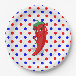 Plato De Papel Punto de Polka Azul Rojo Caliente Pepper Diva