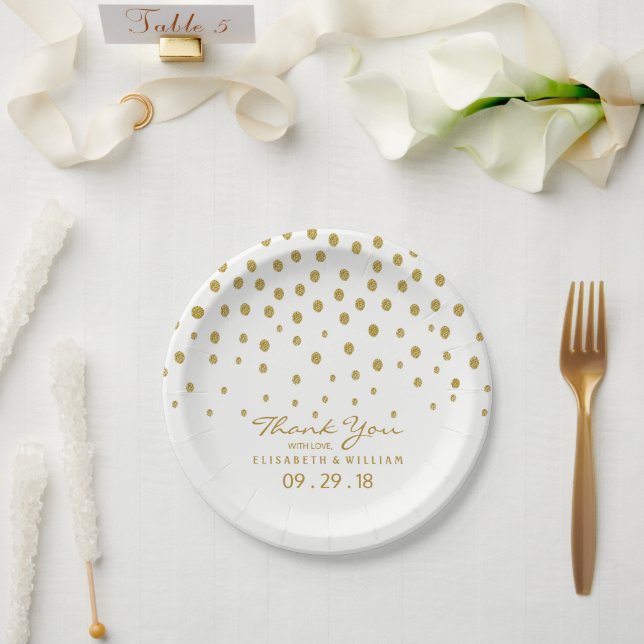 Plato De Papel Punto de Polka Oro - Blanco y Oro - Boda (Boda)