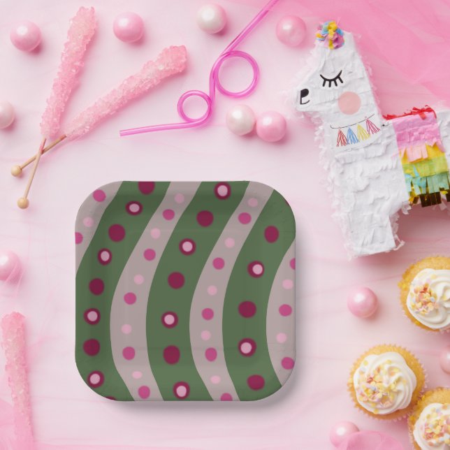 Plato De Papel Punto Polka Magenta Pink Green Springtime Patterad (Fiesta)