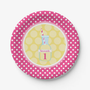 Plato De Papel Punto Polka Rosa Lemonade Primer cumpleaños