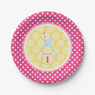 Plato De Papel Punto Polka Rosa Lemonade Primer cumpleaños