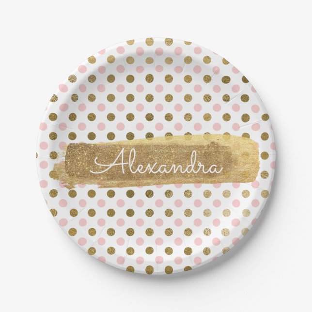 Plato De Papel Punto y banda de Polka rosa, blanco y Relieve meta (Anverso)