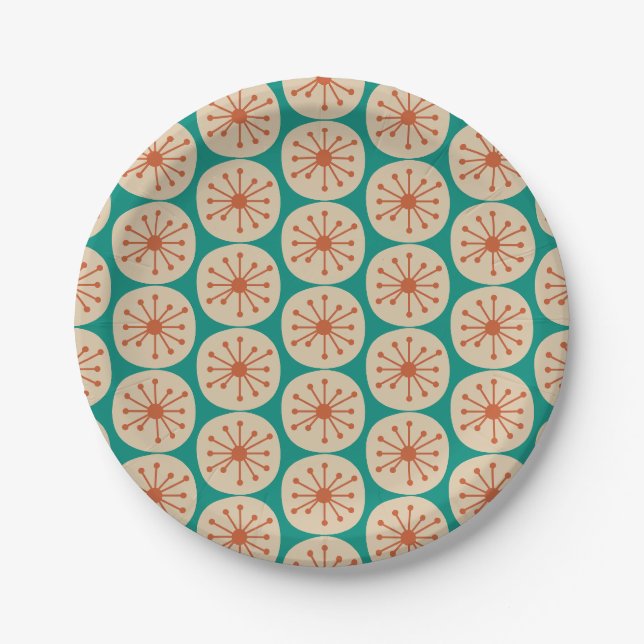 Plato De Papel Puntos atómicos Retro Naranja del patrón de Mod me (Anverso)