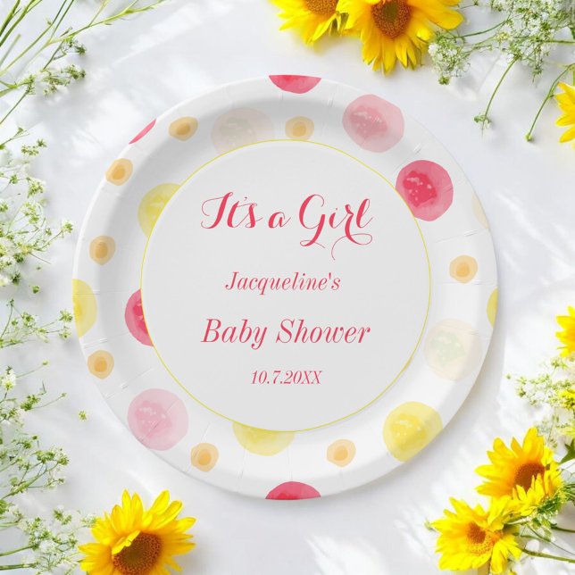 Plato De Papel Puntos de acuarela de Baby Shower amarillo rosa (Subido por el creador)