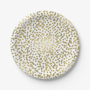 Plato De Papel Puntos de Confeti Blanco y Dorado Brillante Elegan