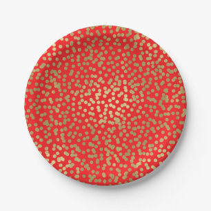 Plato De Papel Puntos de Confeti Rojo Brillante y Dorado Elegante