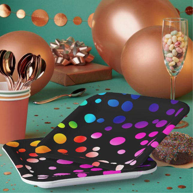 Plato De Papel Puntos de neón en negro (Multi)