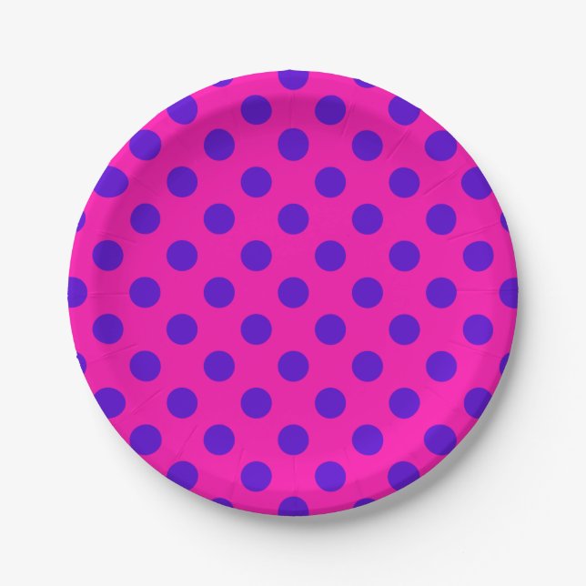 Plato De Papel Puntos de polka azul en fuchsia (Anverso)