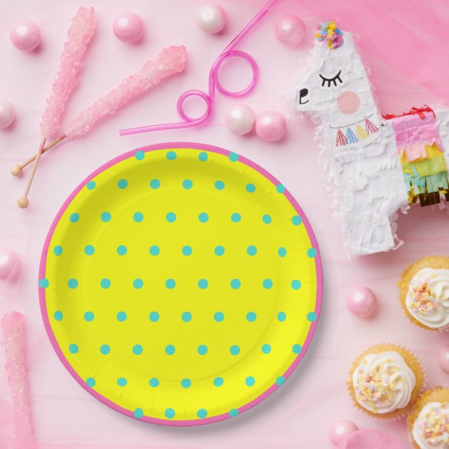 Plato De Papel Puntos de Polka Azul Rosa Amarillo Brillante (Fiesta)