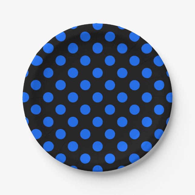 Plato De Papel Puntos de polka azul y negro (Anverso)
