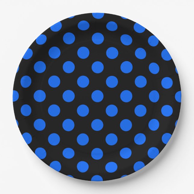Plato De Papel Puntos de polka azul y negro (Anverso)