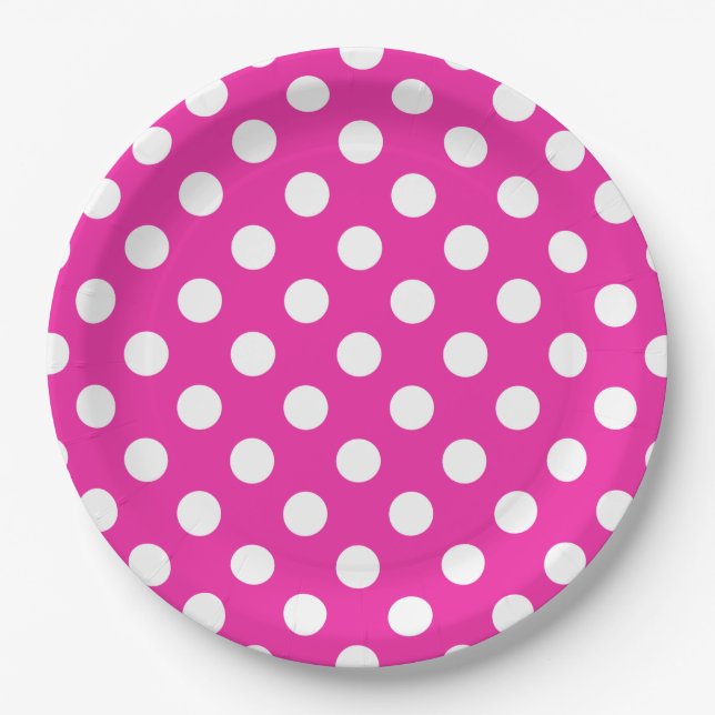 Plato De Papel Puntos de polka blanco en fuchsia (Anverso)