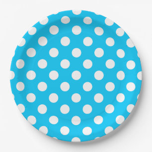 Plato De Papel Puntos de polka blanco sobre azul eléctrico