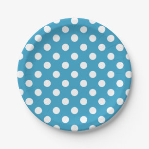 Plato De Papel Puntos de Polka Blanco sobre fondo azul pavo real