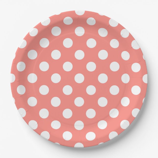 Plato De Papel Puntos de polka blanco sobre melocotón (Anverso)