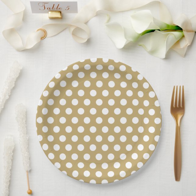Plato De Papel Puntos de Polka blanco y oro (Boda)