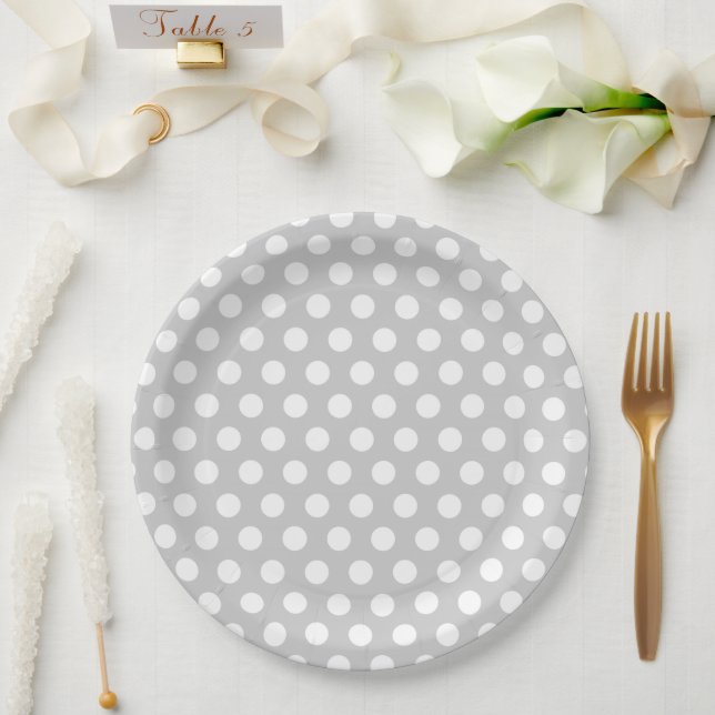 Plato De Papel Puntos de Polka Gris y Blanco (Boda)