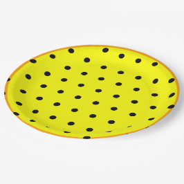 Plato De Papel Puntos de polka negra de Naranja amarillo