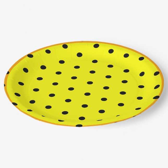 Plato De Papel Puntos de polka negra de Naranja amarillo (Angular)