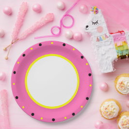 Plato De Papel Puntos de Polka Negro Amarillo Rosado