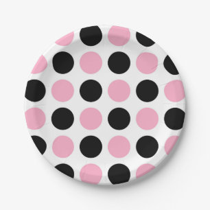 Plato De Papel Puntos de polka negros y rosas