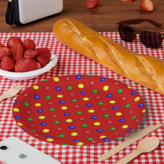 Plato De Papel Puntos de polka primarios rojos (Picnic)