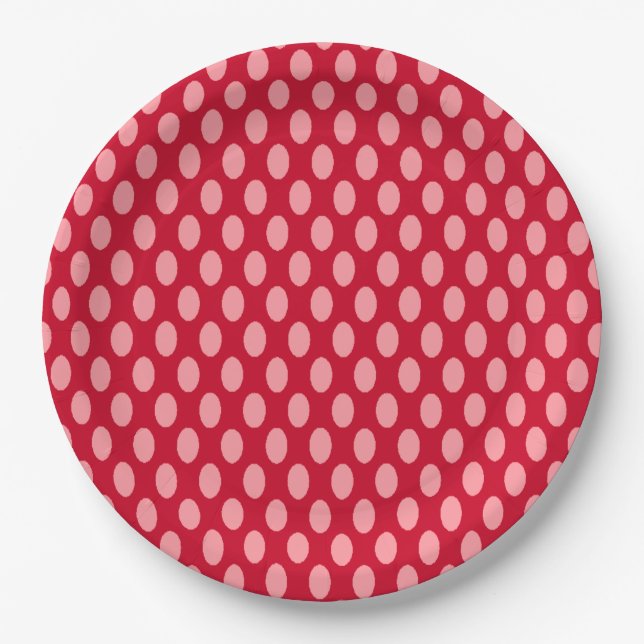 Plato De Papel Puntos de Polka Rosa en Rojo (Anverso)