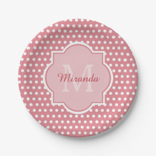 Plato De Papel Puntos de polka rosado con monograma y nombre