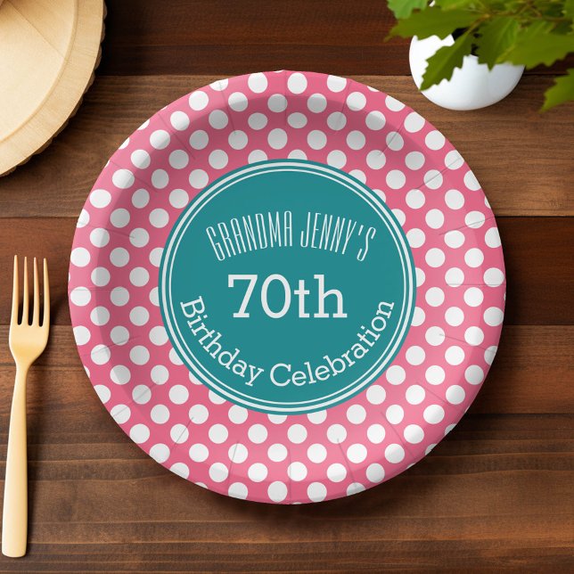 Plato De Papel Puntos de polka rosados y Verde azulados calientes (Custom Paper Plate)