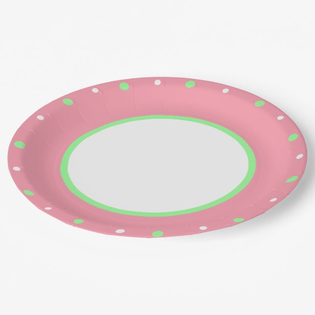 Plato De Papel Puntos de polka verde de menta rosa (Angular)