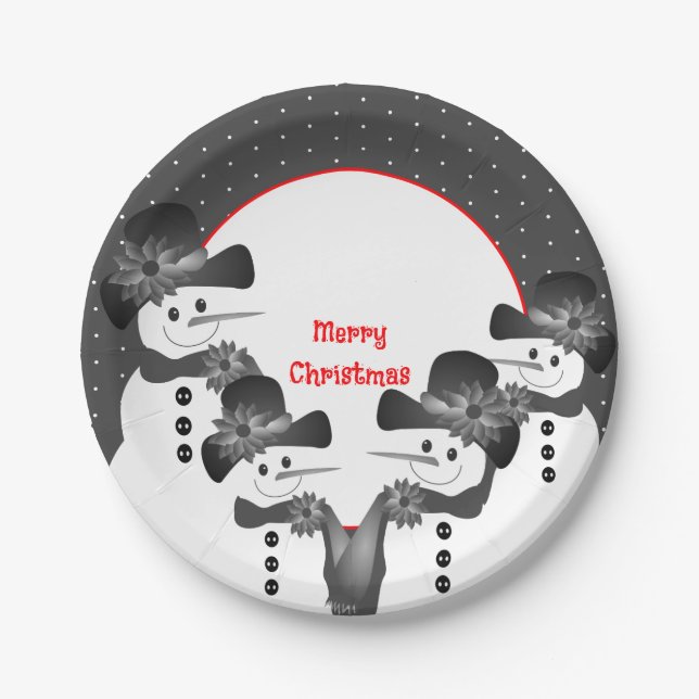 Plato De Papel Puntos De Polka Y Hombres De Nieve Navidades (Anverso)