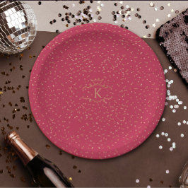 Plato De Papel Puntos Dorados Elegantes Sobre Monograma Real Rojo