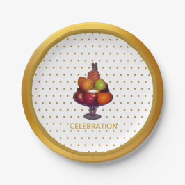 Plato De Papel Puntos dorados y frutas