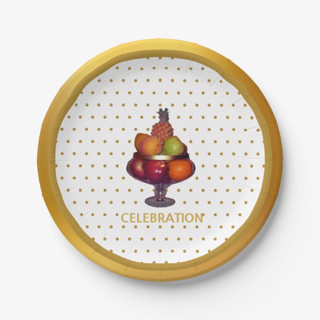 Plato De Papel Puntos dorados y frutas (Anverso)