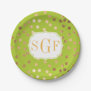 Plato De Papel Puntos Monogramados Lime Green y Gold Purpurinas