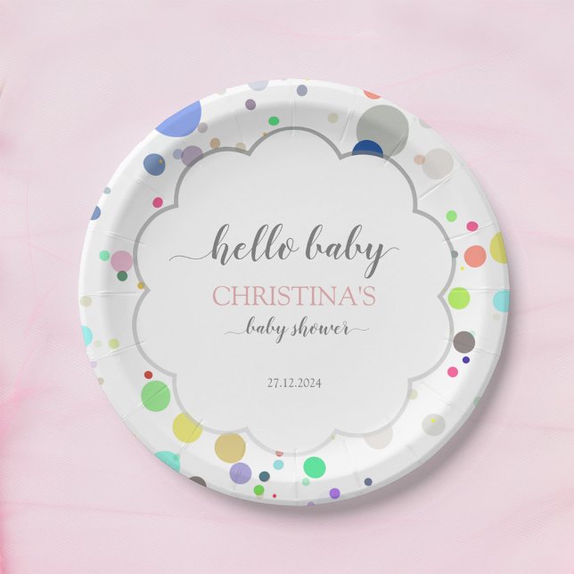 Plato De Papel Puntos multicolores "Hello Baby" Baby Shower (Subido por el creador)