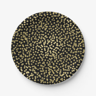 Plato De Papel Puntos Negros y Dorados Confeti Elegante Glamour