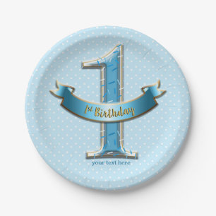 Plato De Papel Puntos Polka Azules y Banner ONE 1er Cumpleaños