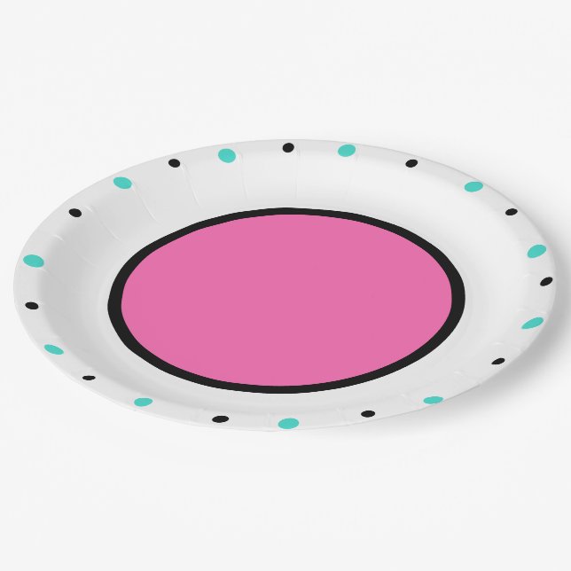 Plato De Papel Puntos turquesa rosados y negros brillantes (Angular)