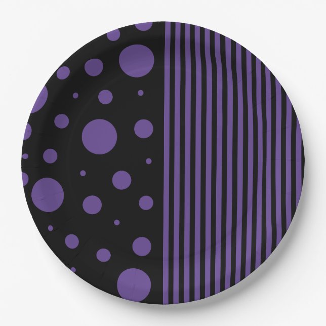 Plato De Papel Puntos y rayas en morado y negro (Anverso)