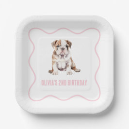 Plato De Papel Puppy bulldog preppy pink plaid birthday