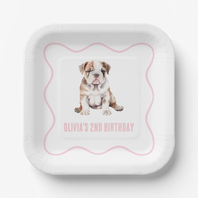 Plato De Papel Puppy bulldog preppy pink plaid birthday (Anverso)