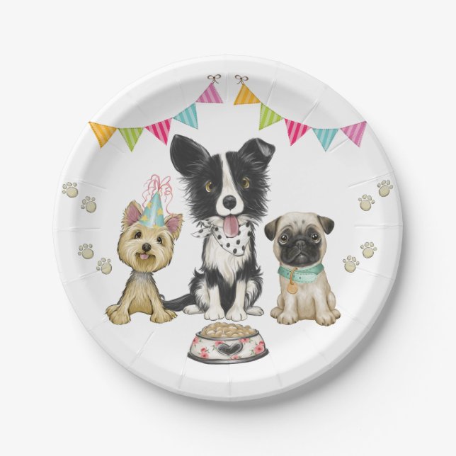 Plato De Papel Puppy Dog Pawty Pug Border Collie Yorki Cumpleaños (Anverso)