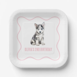 Plato De Papel Puppy husky preppy pink plaid birthday
