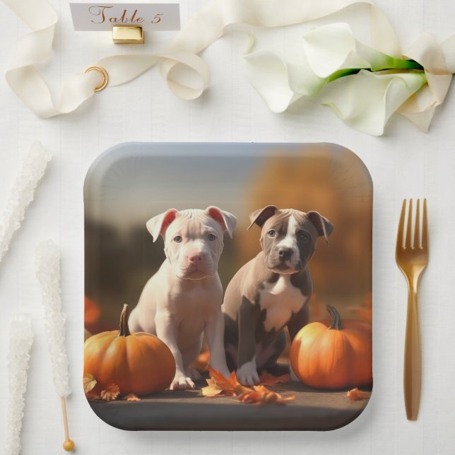 Plato De Papel Puppy Pitbull Calabaza deslumbrante de otoño (Boda)