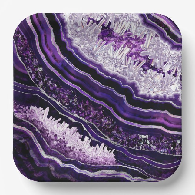 Plato De Papel Purple Amethyst Geode and Silver Digital Art (Anverso)