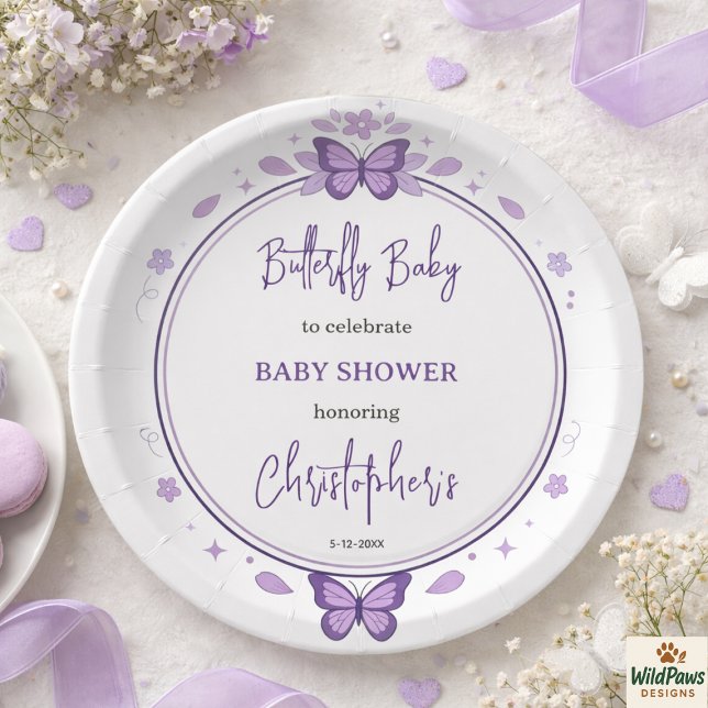 Plato De Papel Purple Butterfly Baby Girl Baby Shower  (Purple Butterfly Baby Girl Baby Shower Paper Plates
)