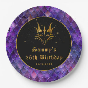 Plato De Papel Purple Dragon Scales Gold Faux Purpurina Cumpleaño
