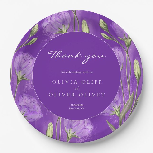 Plato De Papel Purple Eustomas Boda Gracias (Anverso)