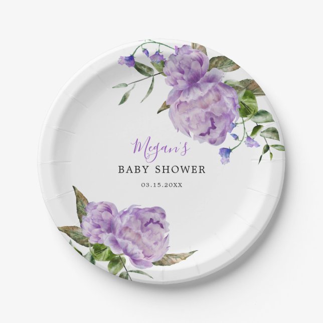 Plato De Papel Purple Floral Baby Shower (Anverso)